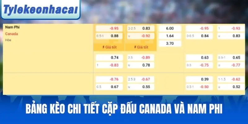Bảng kèo chi tiết cặp đấu Nam Phi và Canada